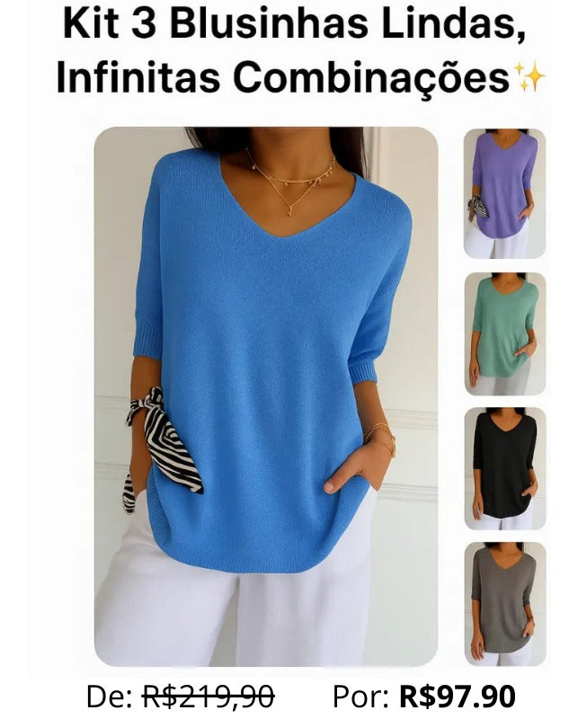 Compre 1 Leve 3 Blusinhas Luna® com decote V e Malha Leve
